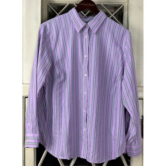 Chaps Womens Plus Size 1X Purple Green Striped Long Sleeve No Iron Button Up T4 - Picture 2 of 12
